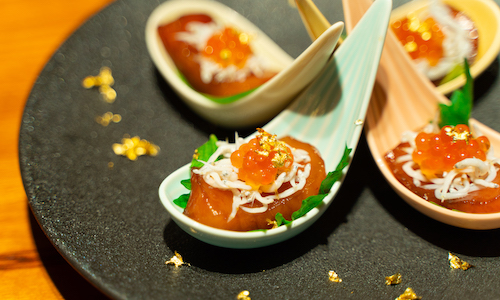 Amuse bouche of Soy-marinated Tuna, Salmon roe, Whitebait